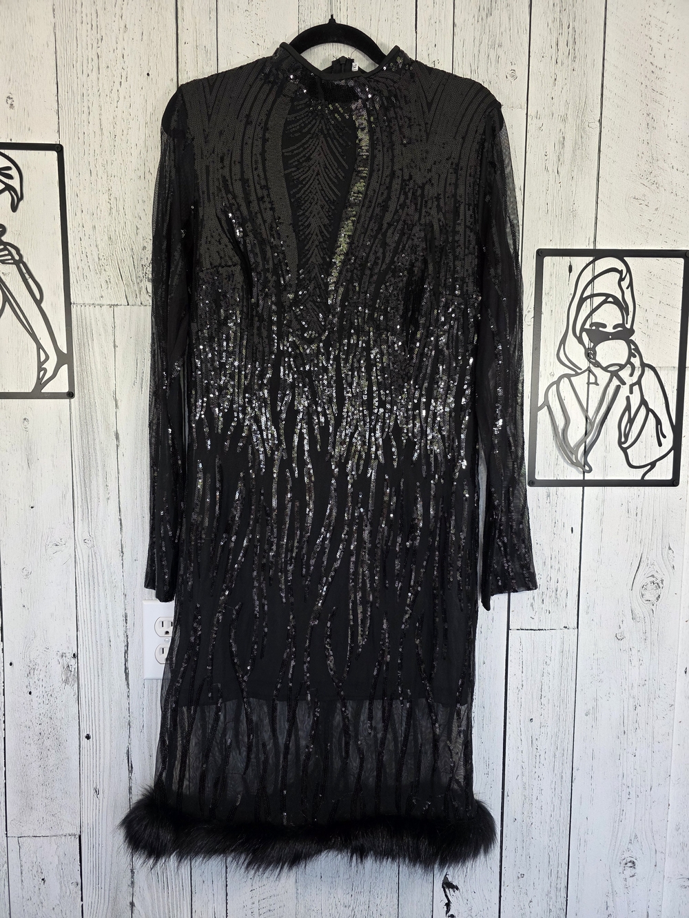 Unbranded Black Sequin Mesh Faux Fur Trim Midi Dress SizeXL Party Holiday Gatsby